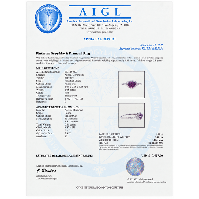 Ring Halo 0.41ctw Round Diamonds GIA: 5232457093 1.08ct Pinkish Violet Sapphire Platinum 8.5mm Sz6.75 3.8g 226070024