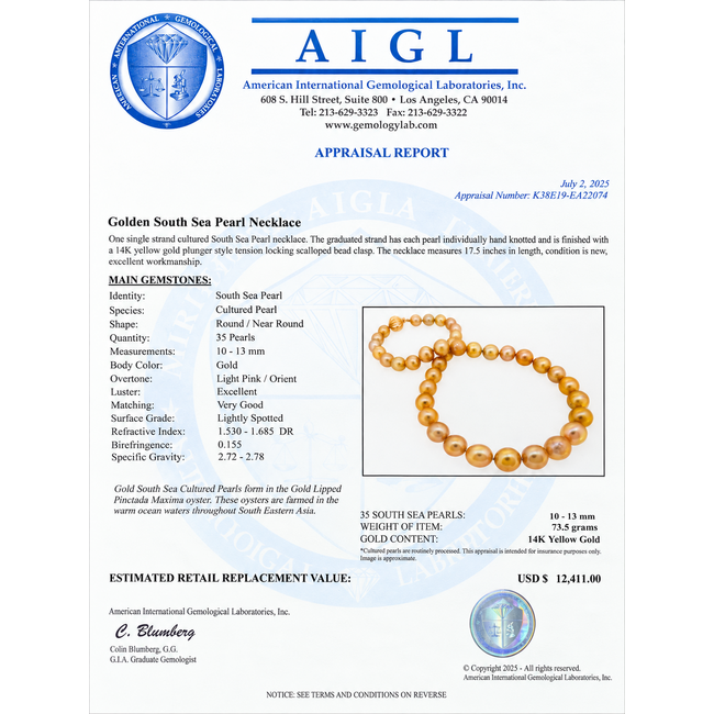 Necklace Graduated Strand 10-13.3mm Golden South Sea Pearls 14ky 17.5" 73.67g 226070016