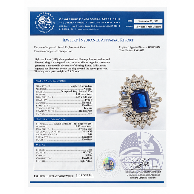 Ring Cocktail 0.90ctw Round & Baguette Diamonds 1.81ct Blue Sapphire 18kw 19mm Sz7 5.3g 226070025