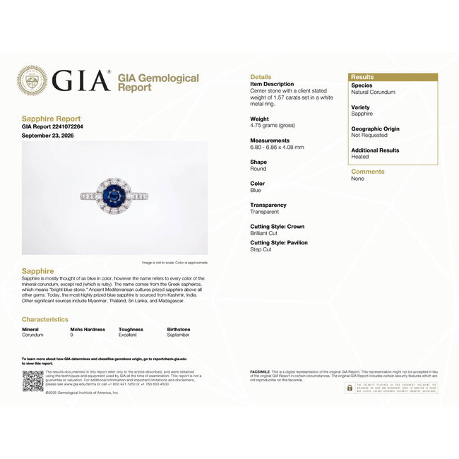 Ring Halo 1.00ctw Round Diamonds 1.57ct Sapphire GIA: 2241072264 14kw sz6 11x11mm 124060195