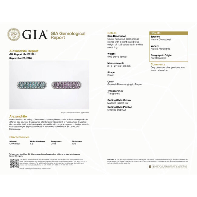Ring Pave Set 1.28ctw Alexandrite GIA Report:1242072261 900pt 5.4mm sz6.5 5.62g 125030073