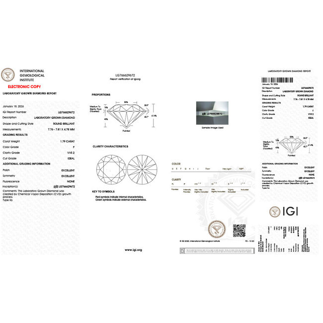 Ring Engagement 1.79ct Round Lab Grown Diamond IGI: 766629672 7.3mm 950pt Sz6 4.62g 123060157
