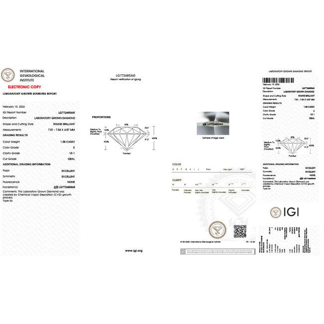 Ring Solitaire 1.58ct Round Lab Grown Diamond IGI: LG772685365 18ky 2mm Sz7 3.55g 126040131