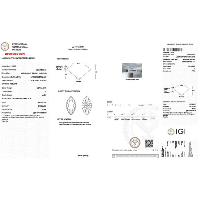 Ring Engagement 2.07ct Marquise Lab Grown Diamond IGI Report: 747568147 VVS2 E 0.6ctw Diamonds .25ctw Round Sapphire 14kw 7mm Sz7.75 12.1g 126038045