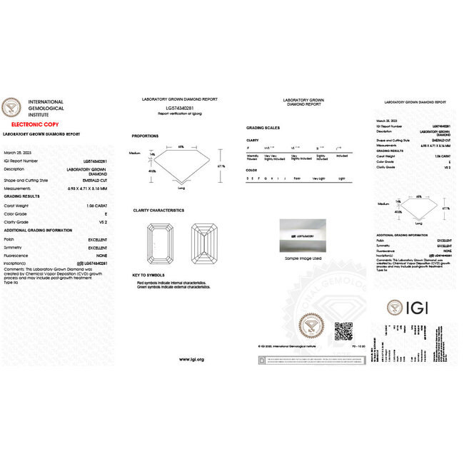 Ring Solitaire 1.06ct Emerald Lab Grown Diamond VS2 E IGI: 574340281 14kw 2.1mm Sz7 3.47g 126040013