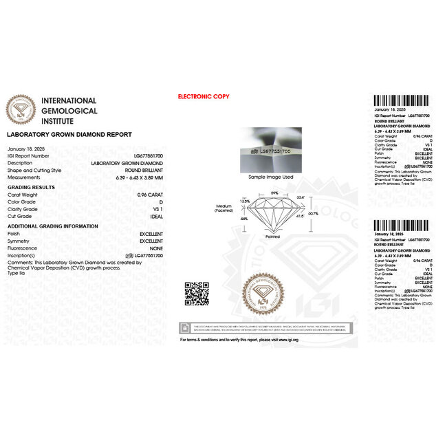 Ring 0.96ct RB Lab Grown Diamond IGI: 677551700 1ctw Lab Grown Diamonds 18kw 2.5mm Sz7 3.58g 125090104