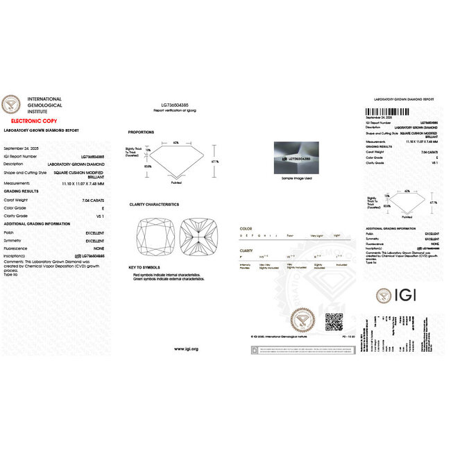 Ring 7.04ct Cushion Lab Grown Diamond IGI Report: 736504385 VS1 E 2.5ctw Diamonds 18kw 10mm Sz7.5 14.15g 126038038
