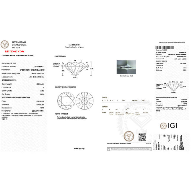 Ring  1.08ct Round Lab Grown Diamond IGI Report: 756535161 VVS2 E .08ctw Baguette Diamonds 14ky Sz7 123120104