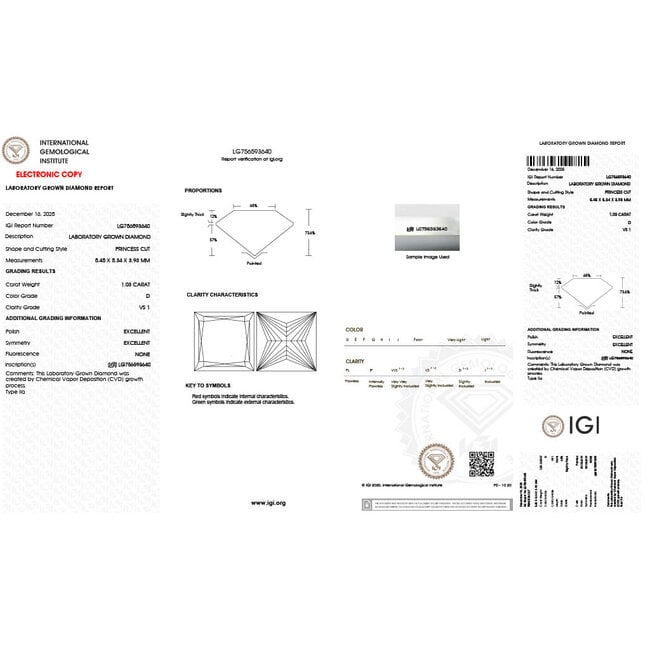 Ring Cathedral 1.03ct Princess Lab Grown Diamond IGI: 756593640 0.5ctw Near Colorless Diamonds 14kw Sz5 4g 125120069