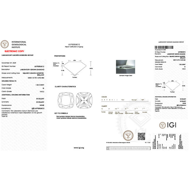 Ring Wedding Set 1.02ct Cushion Lab Grown Diamond IGI: 752524212 1ctw Near Colorless Diamonds 18kw Sz4.5 6.75g 125120093