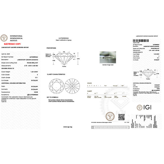 Ring  Engagement 1.23ct Round Brilliant Lab Grown Diamond IGI: 702550324 .33ctw Round Diamonds 14kw 2mm Sz5 1.8g 125060069