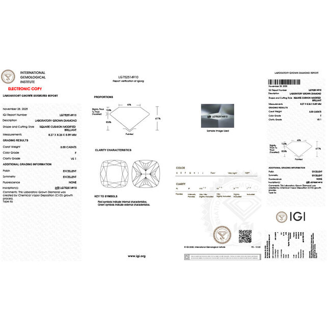 Ring 3-Stone Engagement 3ct Cushion Lab Grown Diamond IGI: 752514910  .75ctw Diamonds 18kw 2.9mm Sz6.25 4.66g 125090013