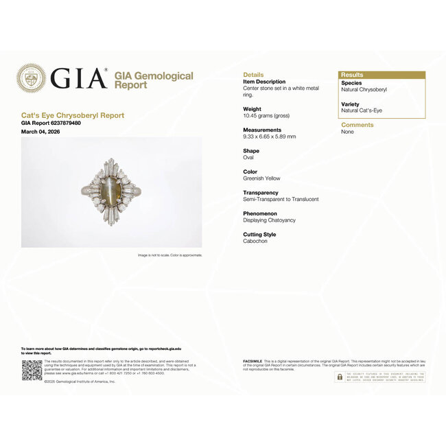 Ring Cocktail 1.46ctw Round & Baguette Diamonds 3.98ct Cateyes Chrysoberyl GIA Report: 6237879480 900pt 23x16.5mm Sz6 10.45g 125110017