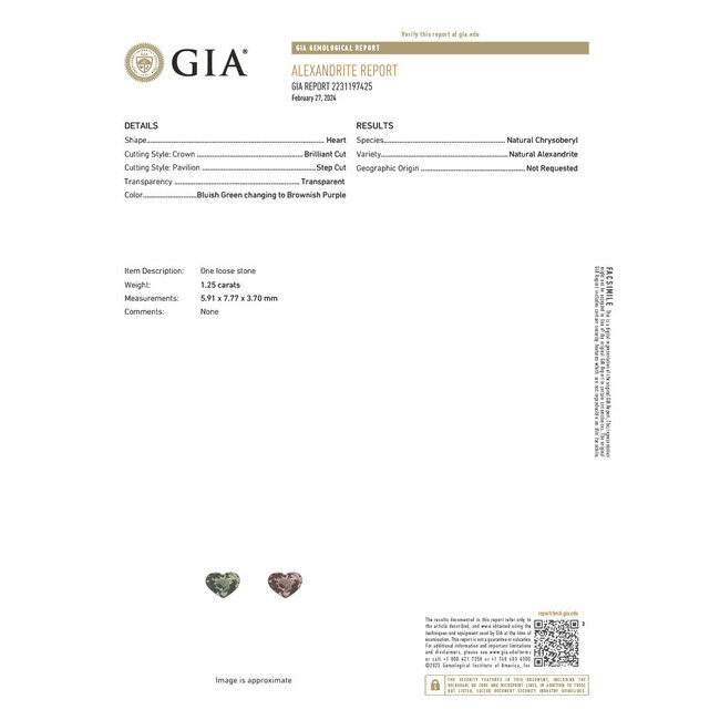 Ring Contour .25ctw Diamonds 1.25ct Alexandrite Heart GIA: 2231197425 Platinum Sz7 123100140