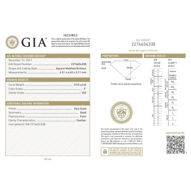 Ring Solitaire 0.53ct Square Diamonds GIA: 2274654338 0.05ctw Near Colorless Diamond 14kw 4.5mm Sz5 3.96g 126090010