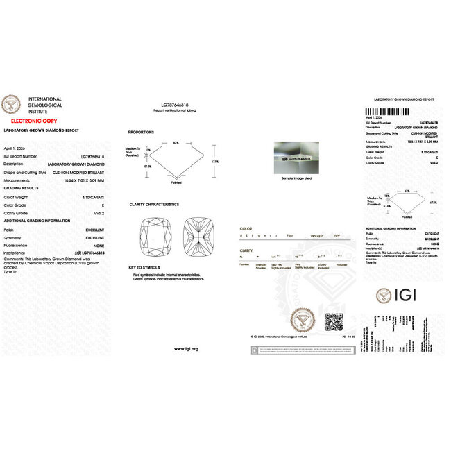 Ring Solitaire 3.1ct Cushion Lab Grown Diamond IGI Report: 787646318 Platinum 4.5mm Sz7 10.59g 126080073