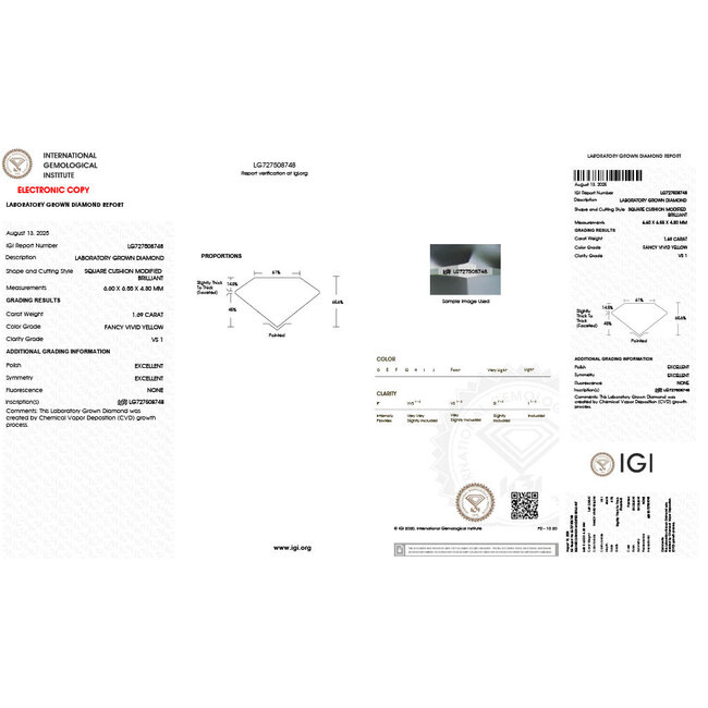 Ring Engagement 1.69ct Square Cushion Lab Grown Diamond IGI Report: LG727508748 VS1 Fancy Vivid Yellow 0.32ctw Diamonds 18kw 6.5x6.5mm 125110129