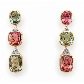 Earrings Dangle Post, Articulated Drop 0.31ctw Round Diamonds 24.42ctw Pink & Pastel Green Tourmaline 14kr 1.75x0.5" 12.5g 226100014