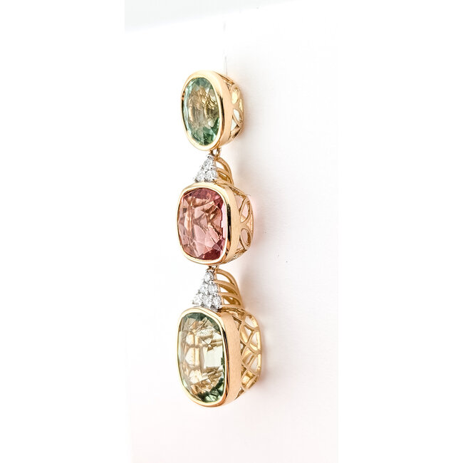 Earrings Dangle Post, Articulated Drop 0.31ctw Round Diamonds 24.42ctw Pink & Pastel Green Tourmaline 14kr 1.75x0.5" 12.5g 226100014