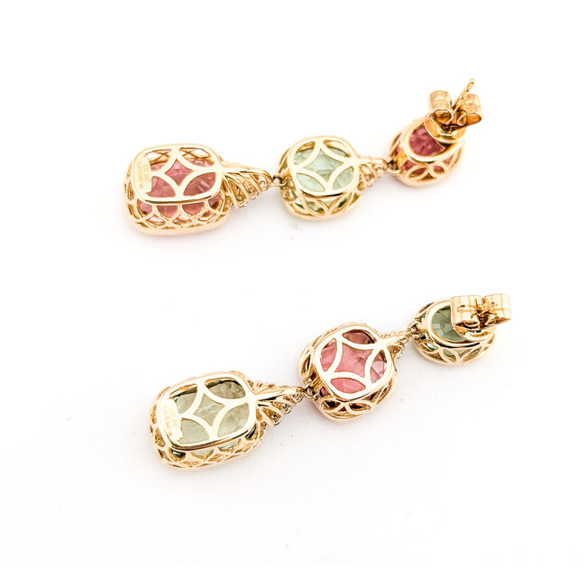 Earrings Dangle Post, Articulated Drop 0.31ctw Round Diamonds 24.42ctw Pink & Pastel Green Tourmaline 14kr 1.75x0.5" 12.5g 226100014