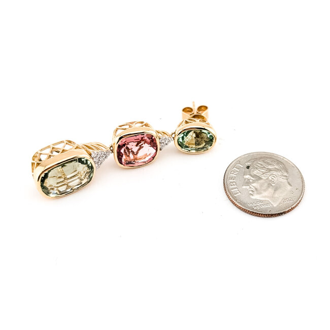 Earrings Dangle Post, Articulated Drop 0.31ctw Round Diamonds 24.42ctw Pink & Pastel Green Tourmaline 14kr 1.75x0.5" 12.5g 226100014