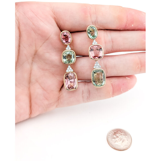 Earrings Dangle Post, Articulated Drop 0.31ctw Round Diamonds 24.42ctw Pink & Pastel Green Tourmaline 14kr 1.75x0.5" 12.5g 226100014