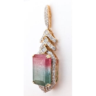 Earrings Geometric Dangle Post, Diamond Halo 1.95ctw Round Brilliant Diamonds 31.88ctw Bi-Color Pink & Green (Watermelon) Tourmaline 14ky 1.75x0.65" 14.3g 226100017