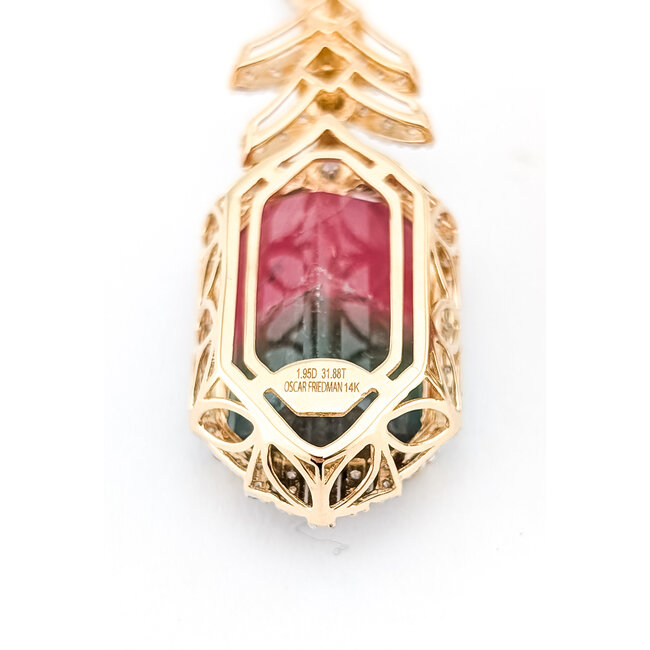 Earrings Geometric Dangle Post, Diamond Halo 1.95ctw Round Brilliant Diamonds 31.88ctw Bi-Color Pink & Green (Watermelon) Tourmaline 14ky 1.75x0.65" 14.3g 226100017