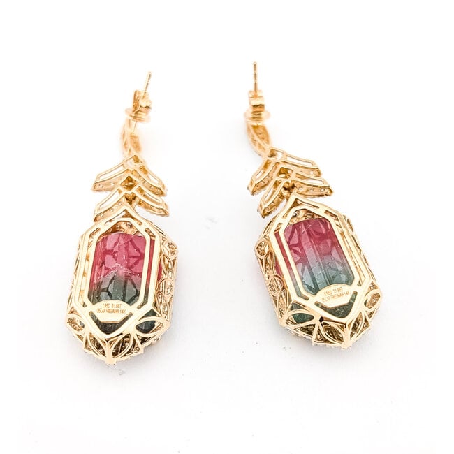 Earrings Geometric Dangle Post, Diamond Halo 1.95ctw Round Brilliant Diamonds 31.88ctw Bi-Color Pink & Green (Watermelon) Tourmaline 14ky 1.75x0.65" 14.3g 226100017