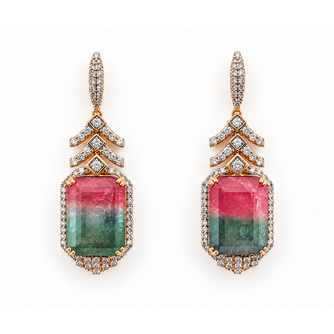 Earrings Geometric Dangle Post, Diamond Halo 1.95ctw Round Brilliant Diamonds 31.88ctw Bi-Color Pink & Green (Watermelon) Tourmaline 14ky 1.75x0.65" 14.3g 226100017