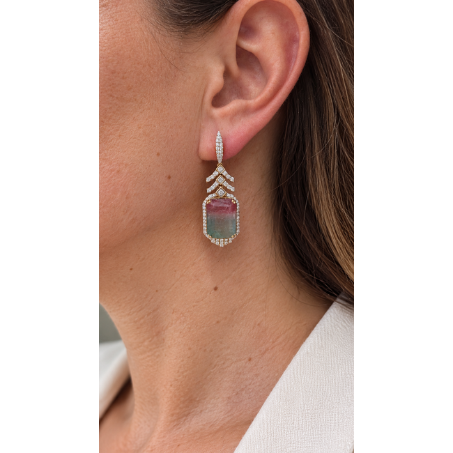 Earrings Geometric Dangle Post, Diamond Halo 1.95ctw Round Brilliant Diamonds 31.88ctw Bi-Color Pink & Green (Watermelon) Tourmaline 14ky 1.75x0.65" 14.3g 226100017
