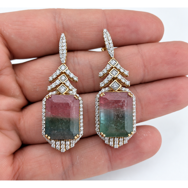 Earrings Geometric Dangle Post, Diamond Halo 1.95ctw Round Brilliant Diamonds 31.88ctw Bi-Color Pink & Green (Watermelon) Tourmaline 14ky 1.75x0.65" 14.3g 226100017
