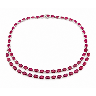 Necklace Double-Row Front Diamond Cluster Links 3.19ctw Round Brilliant Diamonds GIA: 5242060942 61.78ctw Red Ruby 900pt 5-10mm 17" 49.2g 226100024