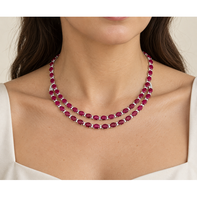 Necklace Double-Row Front Diamond Cluster Links 3.19ctw Round Brilliant Diamonds GIA: 5242060942 61.78ctw Red Ruby 900pt 5-10mm 17" 49.2g 226100024