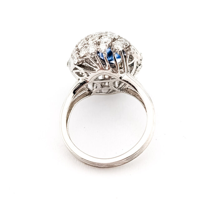 Ring Bypass Diamond Cluster, Ribbed Shoulders 2.43ctw Round Brilliant & Baguette Diamonds GIA: 5232597994 2.60ct Blue Sapphire 950pt 22mm Sz6.5 10.1g 226100035