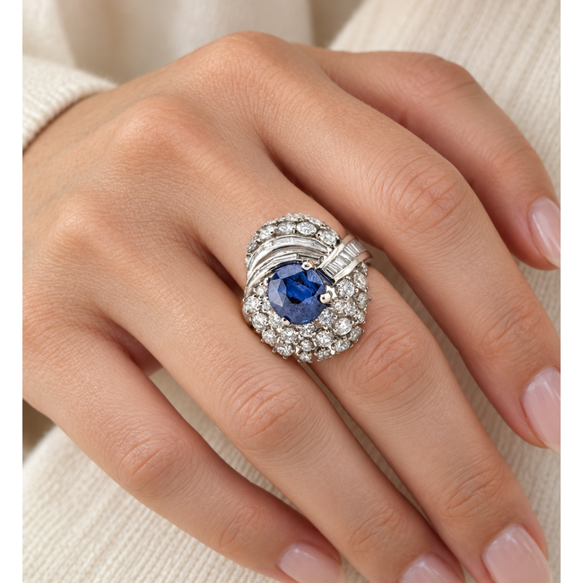Ring Bypass Diamond Cluster, Ribbed Shoulders 2.43ctw Round Brilliant & Baguette Diamonds GIA: 5232597994 2.60ct Blue Sapphire 950pt 22mm Sz6.5 10.1g 226100035