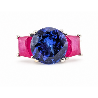 Ring 3-Stone Scroll Gallery, Diamond Shoulders 0.62ctw Round Brilliant Diamonds 1.71ctw Red Ruby 3.67ct Violetish Blue Tanzanite 950pt 10mm Sz4.5 7.9g 226100039