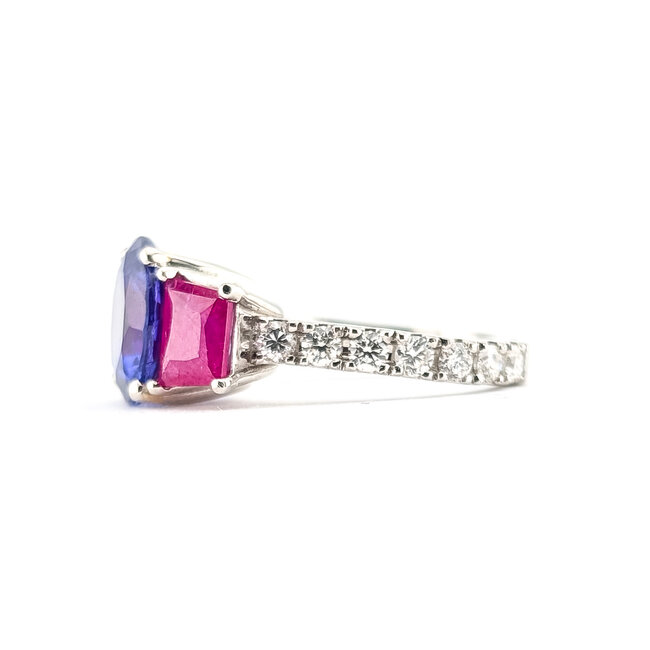 Ring 3-Stone Scroll Gallery, Diamond Shoulders 0.62ctw Round Brilliant Diamonds 1.71ctw Red Ruby 3.67ct Violetish Blue Tanzanite 950pt 10mm Sz4.5 7.9g 226100039