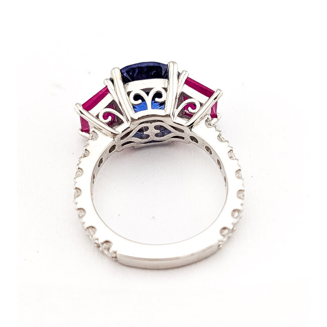 Ring 3-Stone Scroll Gallery, Diamond Shoulders 0.62ctw Round Brilliant Diamonds 1.71ctw Red Ruby 3.67ct Violetish Blue Tanzanite 950pt 10mm Sz4.5 7.9g 226100039
