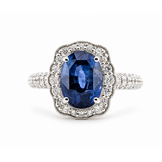 Ring Geometric Halo Milgrain 0.56ctw Round Brilliant Diamonds GIA: 2231597232 3.11ct Blue Sapphire 900pt 3mm Sz6.75 5.9g 226100040
