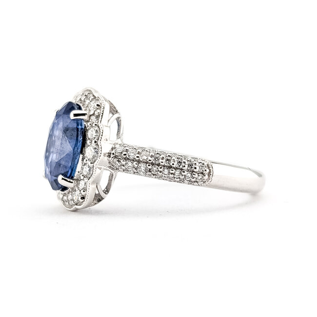 Ring Geometric Halo Milgrain 0.56ctw Round Brilliant Diamonds GIA: 2231597232 3.11ct Blue Sapphire 900pt 3mm Sz6.75 5.9g 226100040