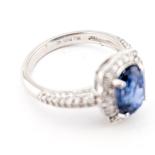 Ring Geometric Halo Milgrain 0.56ctw Round Brilliant Diamonds GIA: 2231597232 3.11ct Blue Sapphire 900pt 3mm Sz6.75 5.9g 226100040