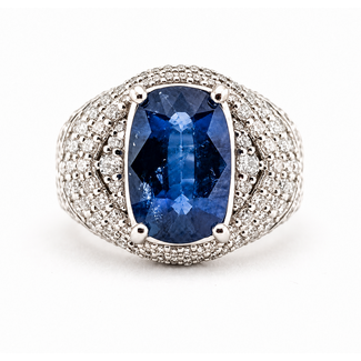 Ring Cocktail Pave 1.46ctw Round Diamonds GIA: 2235722206 4.61ct Blue Sapphire Pt900 16mm Sz7.5 12.32g 226100041