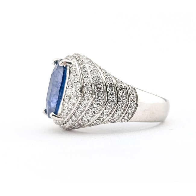 Ring Cocktail Pave 1.46ctw Round Diamonds GIA: 2235722206 4.61ct Blue Sapphire Pt900 16mm Sz7.5 12.32g 226100041