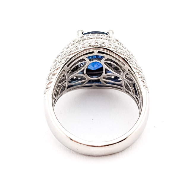 Ring Cocktail Pave 1.46ctw Round Diamonds GIA: 2235722206 4.61ct Blue Sapphire Pt900 16mm Sz7.5 12.32g 226100041