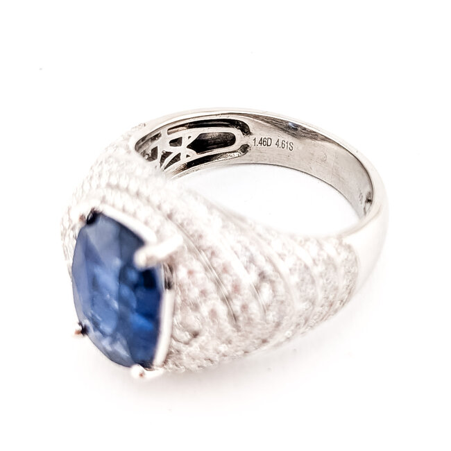 Ring Cocktail Pave 1.46ctw Round Diamonds GIA: 2235722206 4.61ct Blue Sapphire Pt900 16mm Sz7.5 12.32g 226100041