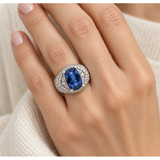 Ring Cocktail Pave 1.46ctw Round Diamonds GIA: 2235722206 4.61ct Blue Sapphire Pt900 16mm Sz7.5 12.32g 226100041