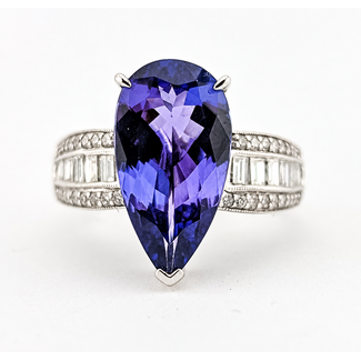 Ring Statement Milgrain, Wide Band 0.75ctw Round Brilliant & Baguette Diamonds 4.31ct Violetish Blue Tanzanite 14kw 16.5mm Sz6.75 4.5g 226100042