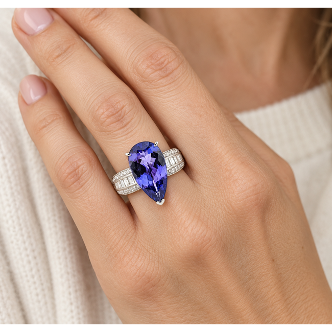 Ring Statement Milgrain, Wide Band 0.75ctw Round Brilliant & Baguette Diamonds 4.31ct Violetish Blue Tanzanite 14kw 16.5mm Sz6.75 4.5g 226100042