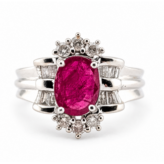 Ring 3-Row Diamond Cluster Accents 0.70ctw Round Brilliant & Baguette Diamonds GIA: 2233909538 1.20ct Red Ruby 14kw 15mm Sz6.25 4.8g 226100046